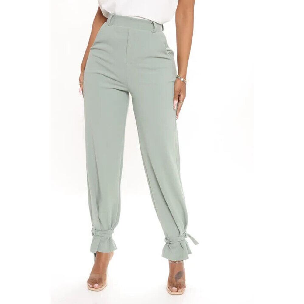 Fashion Nova Into The Office Trouser Pant Womens XS Sage Green Tie Ankle Pull On